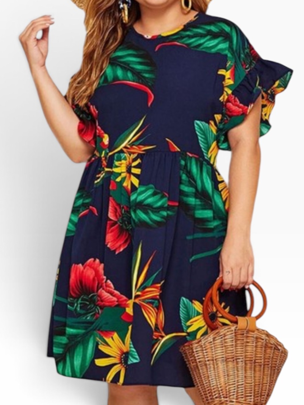 Milumia Navy Blue with Tropical Floral Short Ruffle Sleeve Babydoll Dress 3X